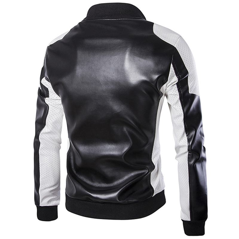 Męska Pu Leather Moda Black White Stitching Motorcycle Biker Jacket Baseball Collar Coat