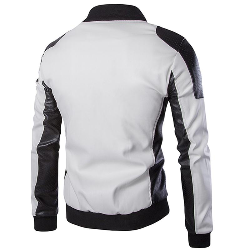 Męska Pu Leather Moda Black White Stitching Motorcycle Biker Jacket Baseball Collar Coat