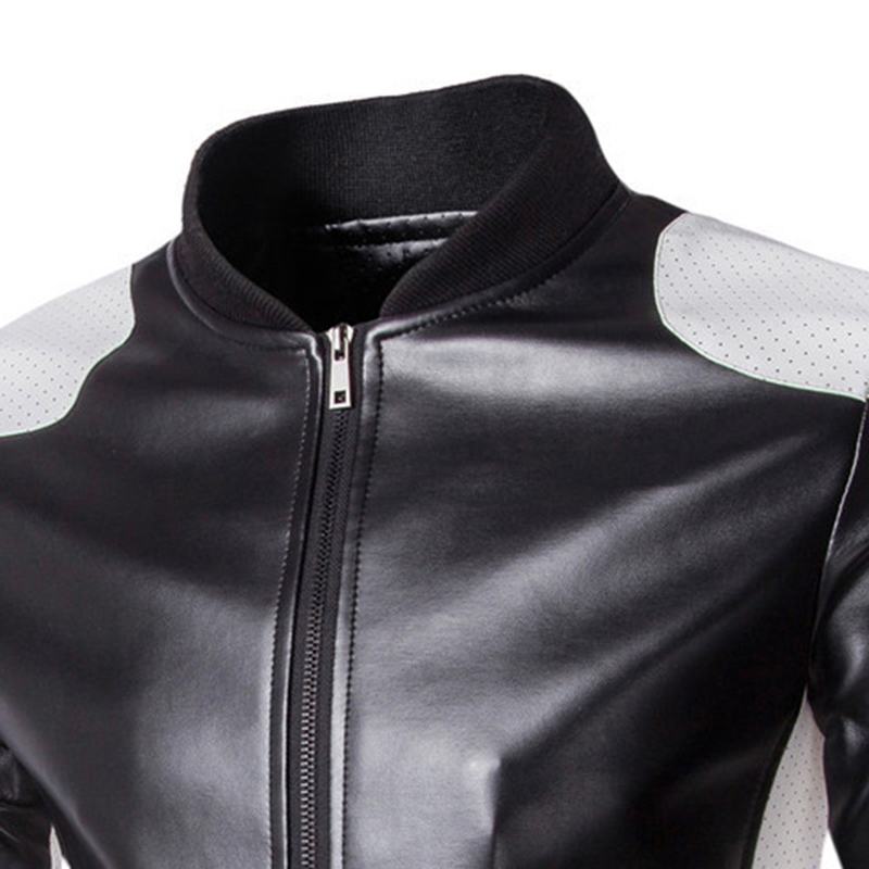 Męska Pu Leather Moda Black White Stitching Motorcycle Biker Jacket Baseball Collar Coat