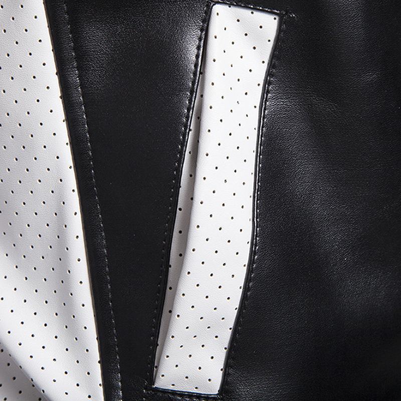 Męska Pu Leather Moda Black White Stitching Motorcycle Biker Jacket Baseball Collar Coat