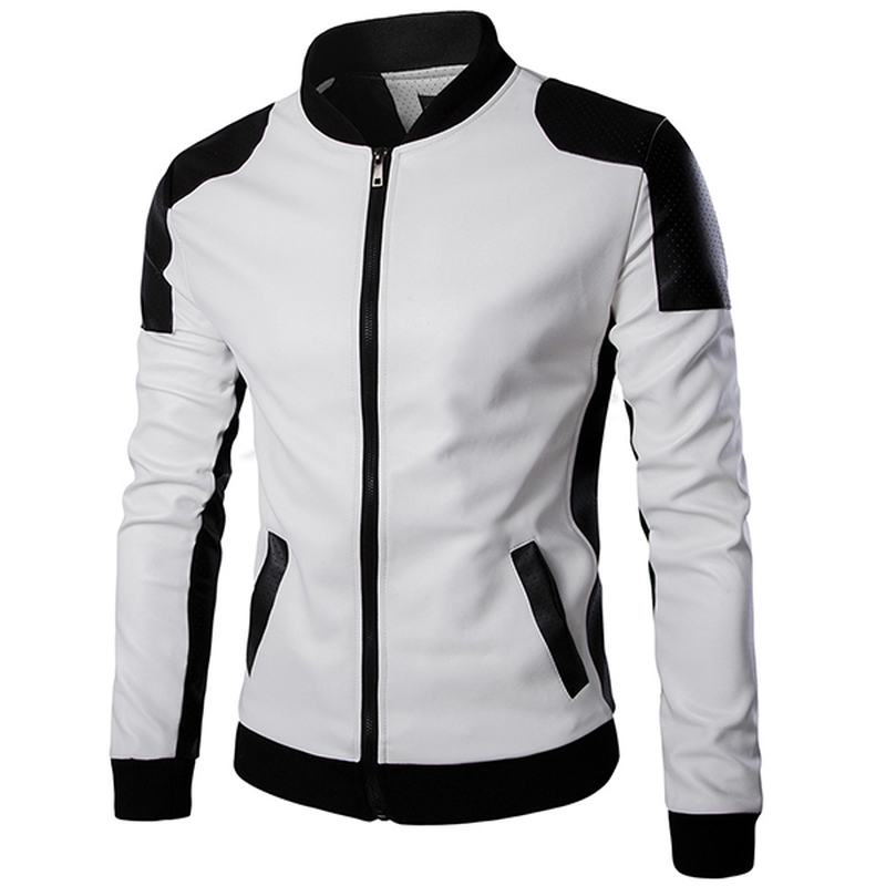 Męska Pu Leather Moda Black White Stitching Motorcycle Biker Jacket Baseball Collar Coat