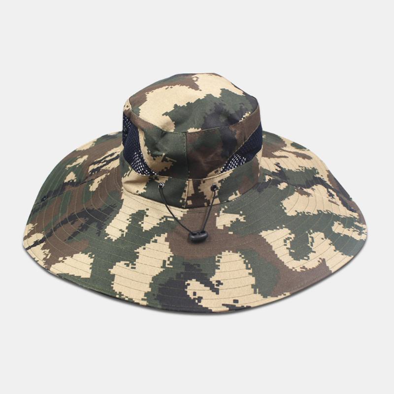 Męska Siatka Kamuflażowa Oddychająca Z Dużym Rondem Outdoor Fishing Wspinaczka Sunshade Bucket Hat