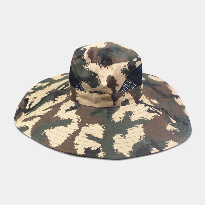 Męska Siatka Kamuflażowa Oddychająca Z Dużym Rondem Outdoor Fishing Wspinaczka Sunshade Bucket Hat