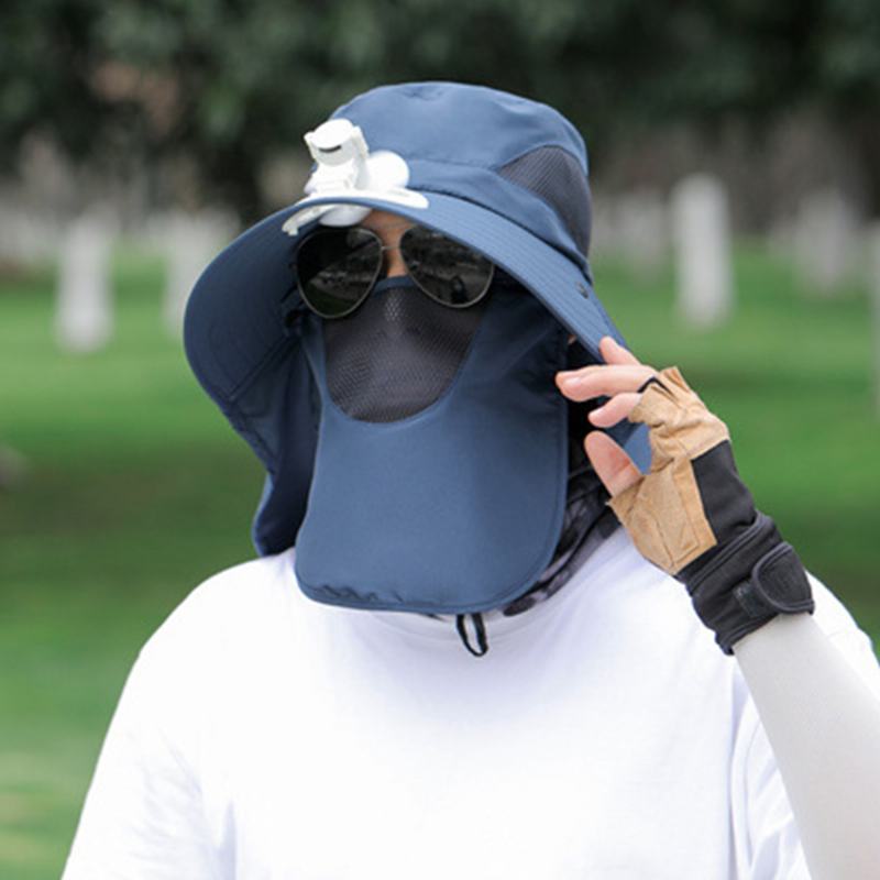 Męska Siatkowa Oddychająca Maska Kurtyna Długa Peleryna 360 Stopni CZapka Przeciwsłoneczna Z Wentylatorem Outdoor Casual Bucket Hat