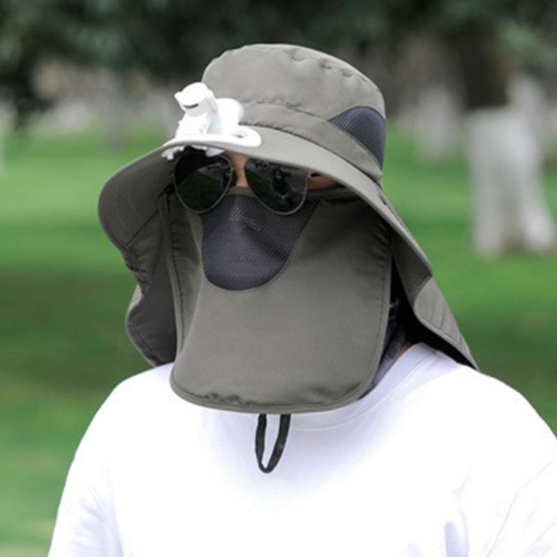 Męska Siatkowa Oddychająca Maska Kurtyna Długa Peleryna 360 Stopni CZapka Przeciwsłoneczna Z Wentylatorem Outdoor Casual Bucket Hat