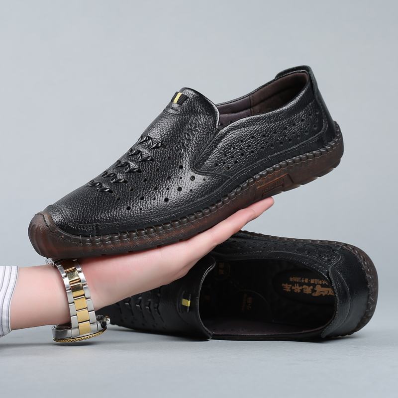 Męska Skóra Bydlęca Hollow Out Oddychające Miękkie Dno Slip On Casual Shoes