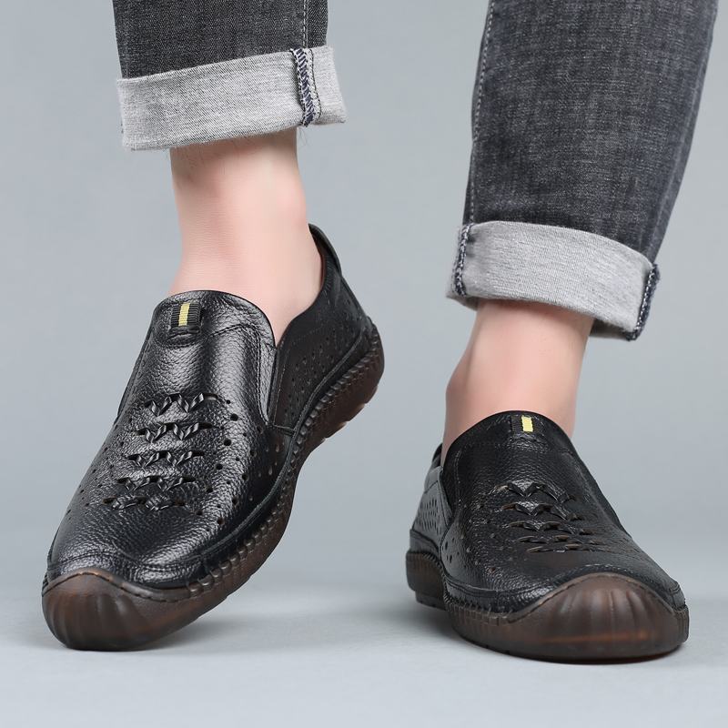 Męska Skóra Bydlęca Hollow Out Oddychające Miękkie Dno Slip On Casual Shoes