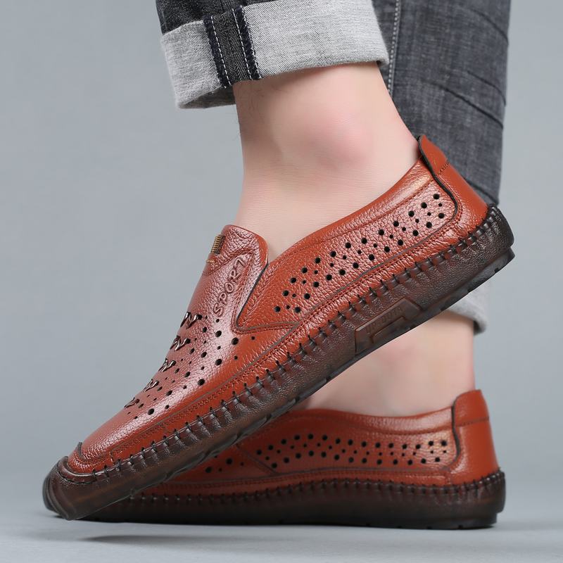 Męska Skóra Bydlęca Hollow Out Oddychające Miękkie Dno Slip On Casual Shoes