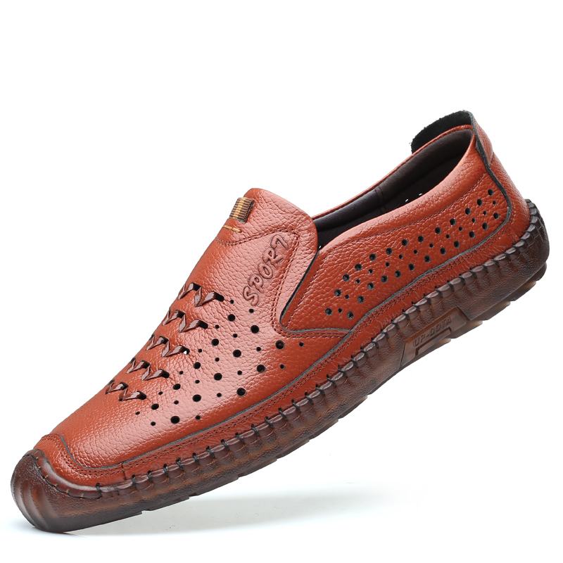 Męska Skóra Bydlęca Hollow Out Oddychające Miękkie Dno Slip On Casual Shoes