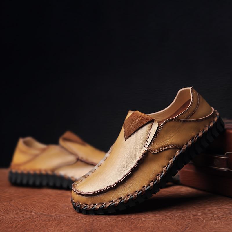 Męska Skóra Z Mikrofibry Oddychające Szwy Ręczne Miękkie Dno Slip On Driving Casual Shoes