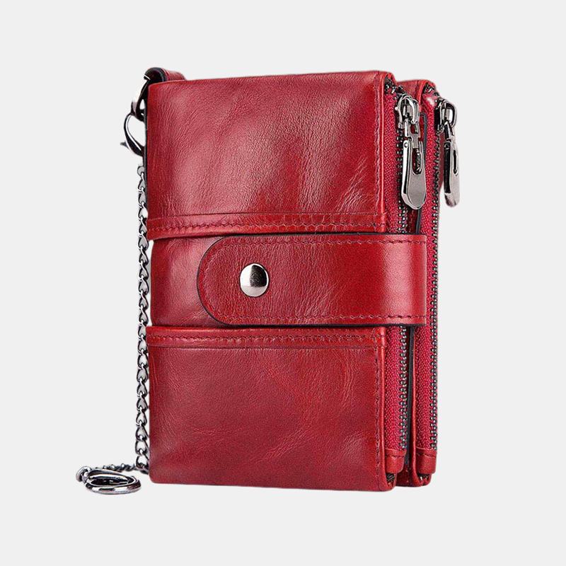 Męska Skórzana Antymagnetyczna Kieszeń Na Wiele Kart Solid Color Casual Zipper Card Holder Portfel Portmonetka Z Łańcuszkiem