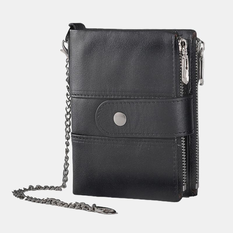 Męska Skórzana Antymagnetyczna Kieszeń Na Wiele Kart Solid Color Casual Zipper Card Holder Portfel Portmonetka Z Łańcuszkiem