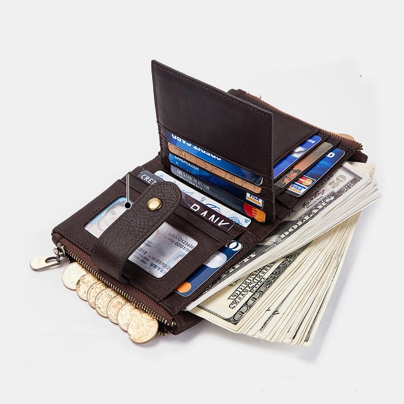 Męska Skórzana Antymagnetyczna Kieszeń Na Wiele Kart Solid Color Casual Zipper Card Holder Portfel Portmonetka Z Łańcuszkiem