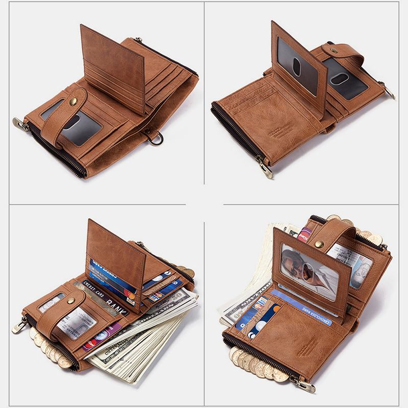 Męska Skórzana Antymagnetyczna Kieszeń Na Wiele Kart Solid Color Casual Zipper Card Holder Portfel Portmonetka Z Łańcuszkiem