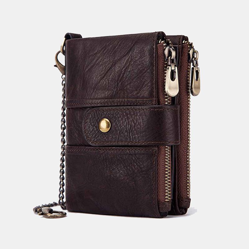 Męska Skórzana Antymagnetyczna Kieszeń Na Wiele Kart Solid Color Casual Zipper Card Holder Portfel Portmonetka Z Łańcuszkiem