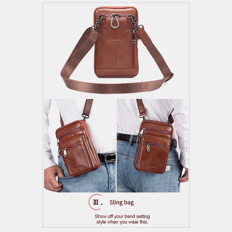 Męska Skórzana Skóra Bydlęca Multi-carry Retro 7.2 Cala Telefon Crossbody Torba Wisząca Torba Na Pasek Torba Na Talię