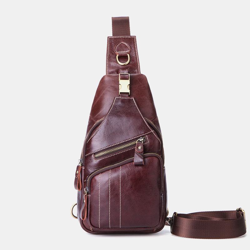 Męska Skórzana Torba Retro Business Casual Solid Color Skórzana Torba Na Ramię Torba Przez Ramię Chest Bag