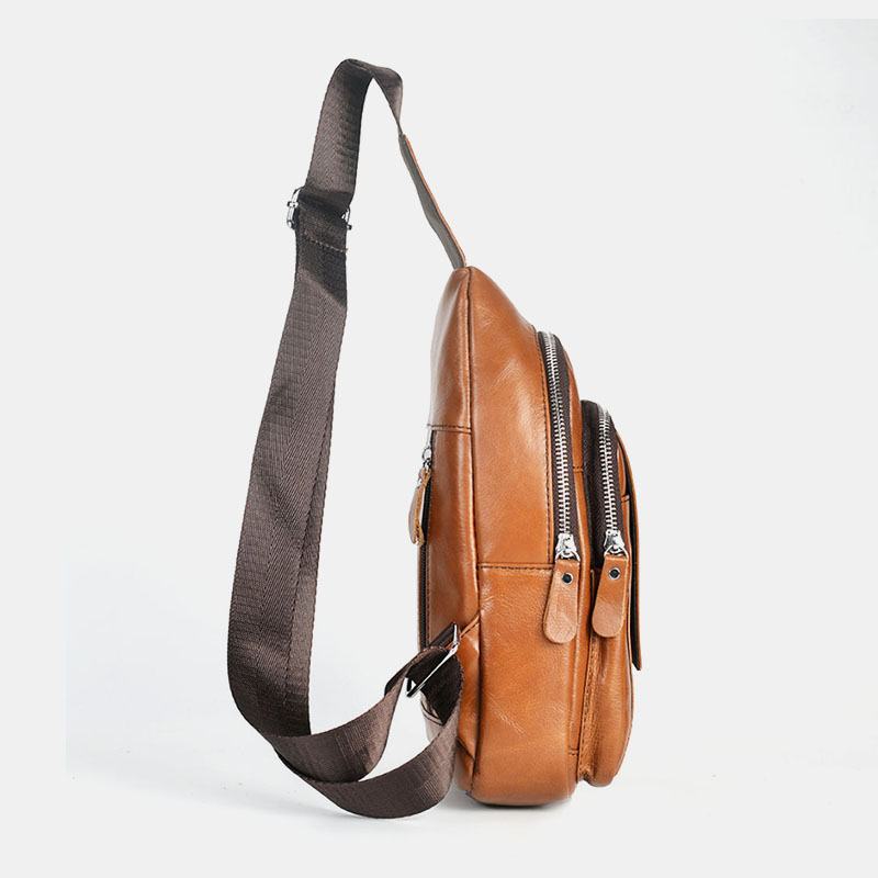 Męska Skórzana Tylna Kieszeń Na Zamek Błyskawiczny Z Kieszenią Na Klatkę Piersiową Moda Casual Odporna Na Zużycie Torba Crossbody Torba Na Ramię