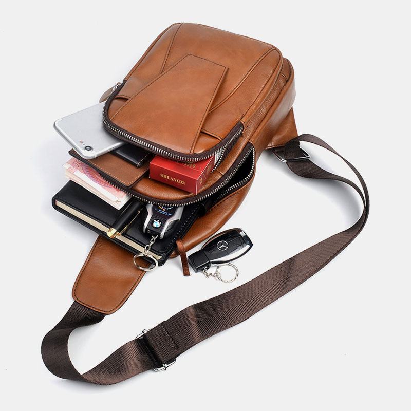 Męska Skórzana Tylna Kieszeń Na Zamek Błyskawiczny Z Kieszenią Na Klatkę Piersiową Moda Casual Odporna Na Zużycie Torba Crossbody Torba Na Ramię