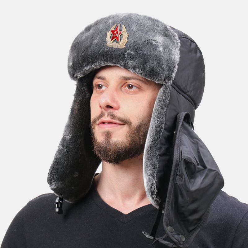 Męska Solidna Radziecka Odznaka Wiatroszczelna CZapka Traperka Outdoor Zagęścić Ochrona Słuchu Ciepła Rosyjska CZapka CZapka Uszanka