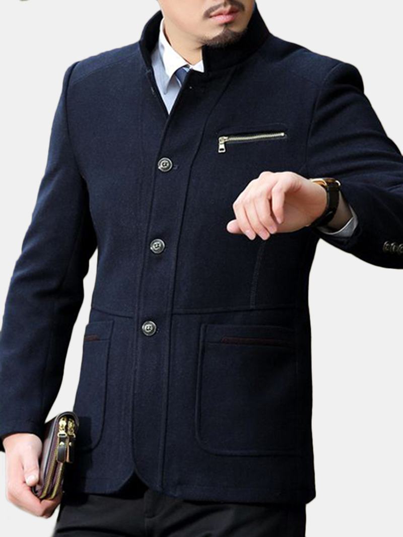 Męska Stylowa Biznesowa Wełniana Kurtka Na Zamek Błyskawiczny Slim Fit Stand Collar Jacket