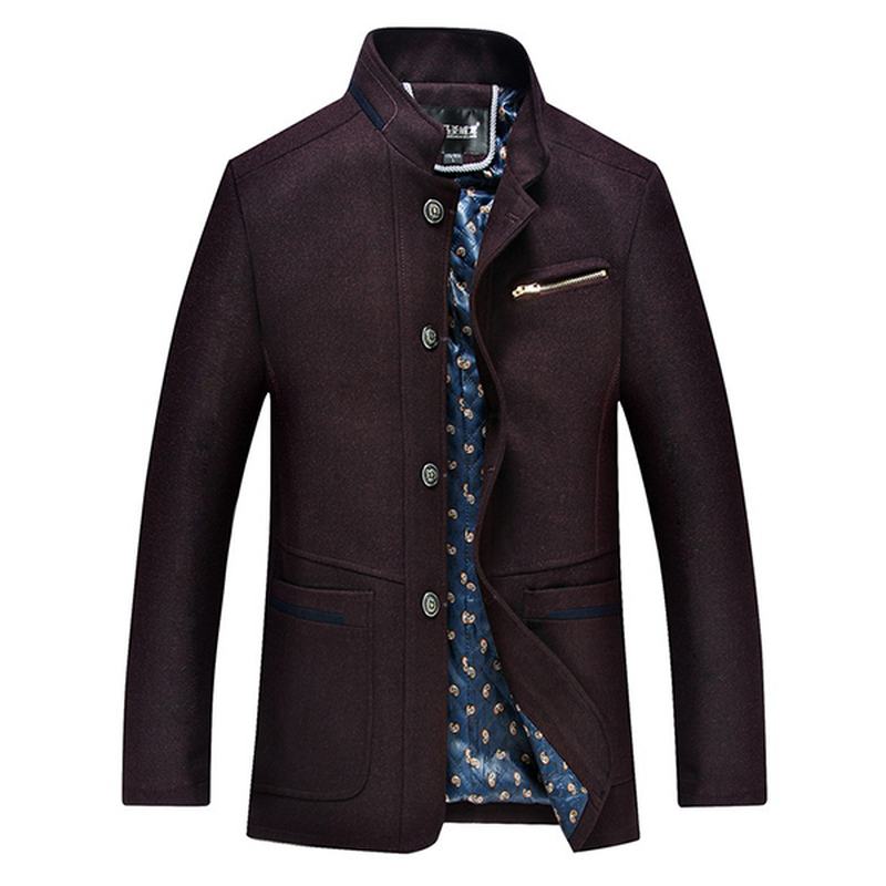 Męska Stylowa Biznesowa Wełniana Kurtka Na Zamek Błyskawiczny Slim Fit Stand Collar Jacket
