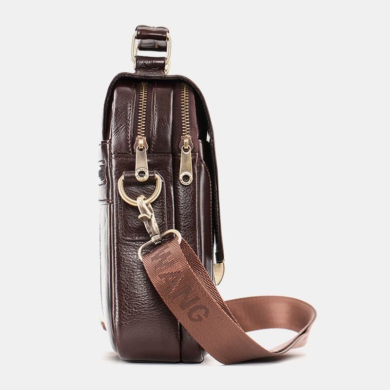 Męska Torba W Stylu Vintage Ze Skóry Wołowej Podwójna Kieszeń Na Zamek O Dużej Pojemności Torba Crossbody Outdoor Travel Wielofunkcyjna Torba Na Ramię