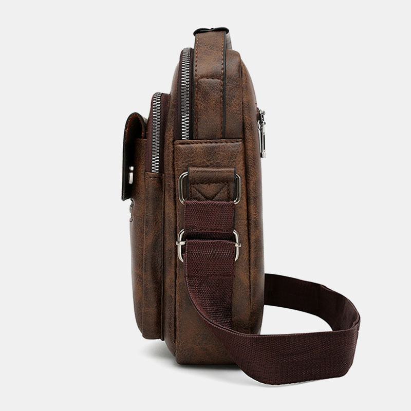 Męska Torba Z Teksturą Na Zamek Błyskawiczny Torba Przez Ramię Pu Leather Vintage Multi-pocket Torba Na Ramię Torebka