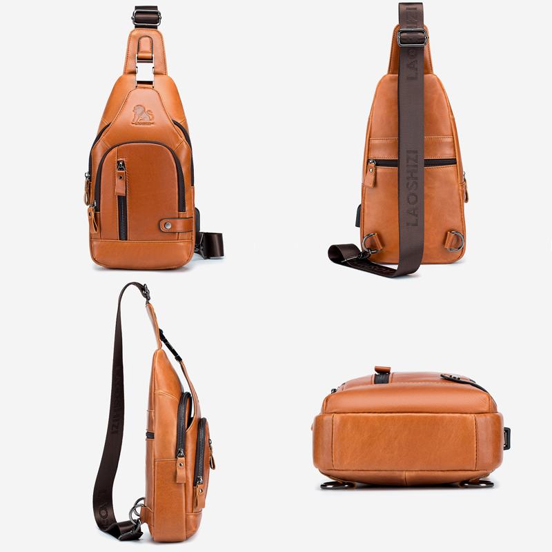 Męska Torba Z Wieloma Kieszeniami Ze Skóry Bydlęcej Do Ładowania Na Klatkę Piersiową Outdoor Travel Anti-theft Crossbody Torba Na Ramię