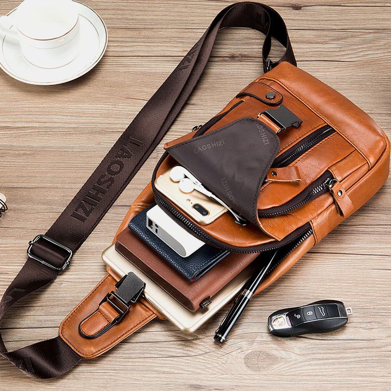 Męska Torba Z Wieloma Kieszeniami Ze Skóry Bydlęcej Do Ładowania Na Klatkę Piersiową Outdoor Travel Anti-theft Crossbody Torba Na Ramię