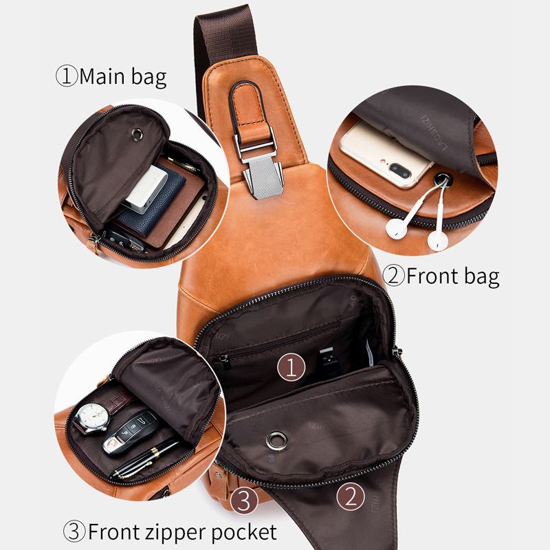 Męska Torba Z Wieloma Kieszeniami Ze Skóry Bydlęcej Do Ładowania Na Klatkę Piersiową Outdoor Travel Anti-theft Crossbody Torba Na Ramię