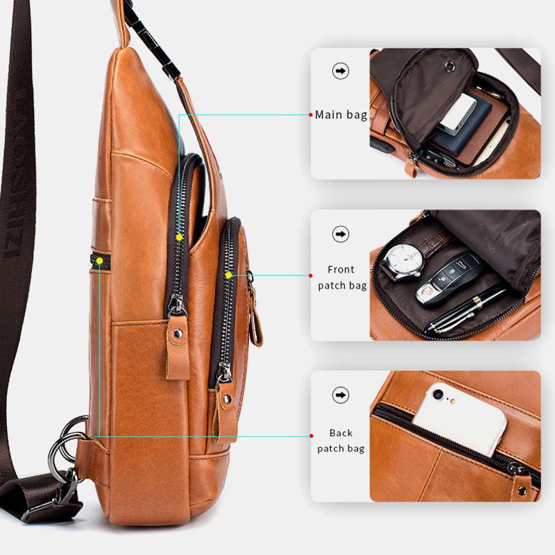 Męska Torba Z Wieloma Kieszeniami Ze Skóry Bydlęcej Do Ładowania Na Klatkę Piersiową Outdoor Travel Anti-theft Crossbody Torba Na Ramię