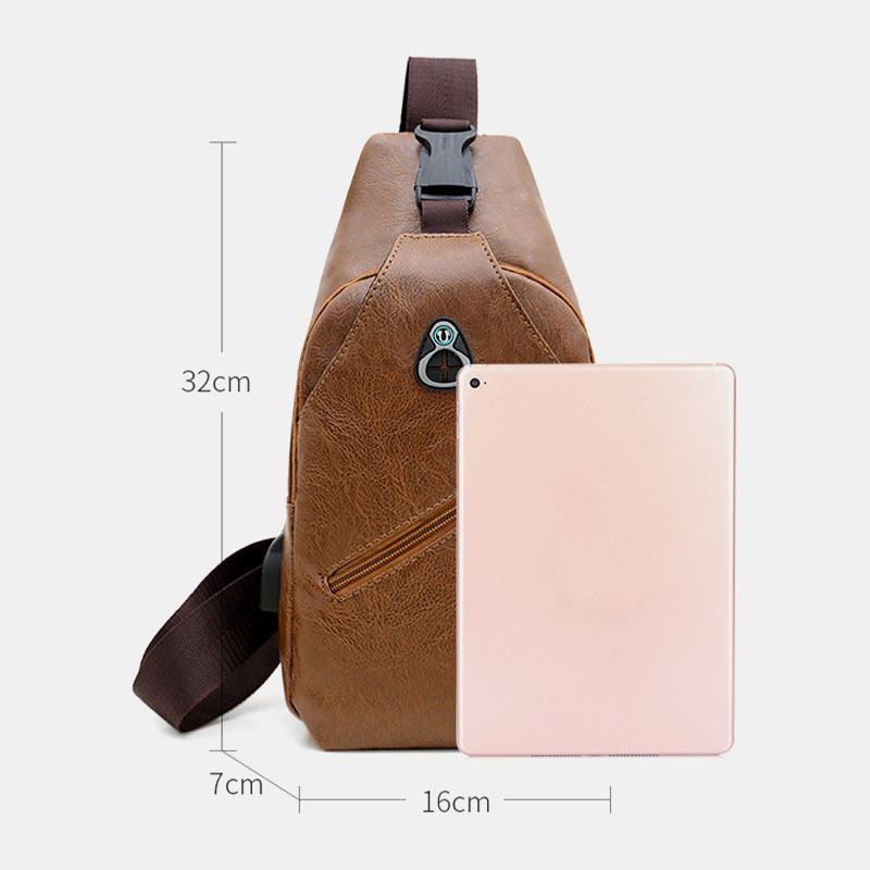 Męska Torba Ze Sztucznej Skóry Usb Do Ładowania Travel Retro Business Chest Bag Torba Przez Ramię