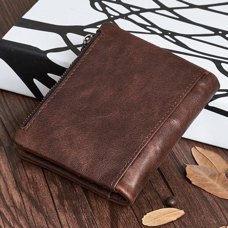 Męska Torebka Z Prawdziwej Skóry W Stylu Vintage Z Wieloma Gniazdami Na Zamek Błyskawiczny Anti-theft Small Short Wallet Purse