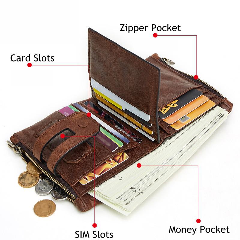 Męska Torebka Z Prawdziwej Skóry W Stylu Vintage Z Wieloma Gniazdami Na Zamek Błyskawiczny Anti-theft Small Short Wallet Purse