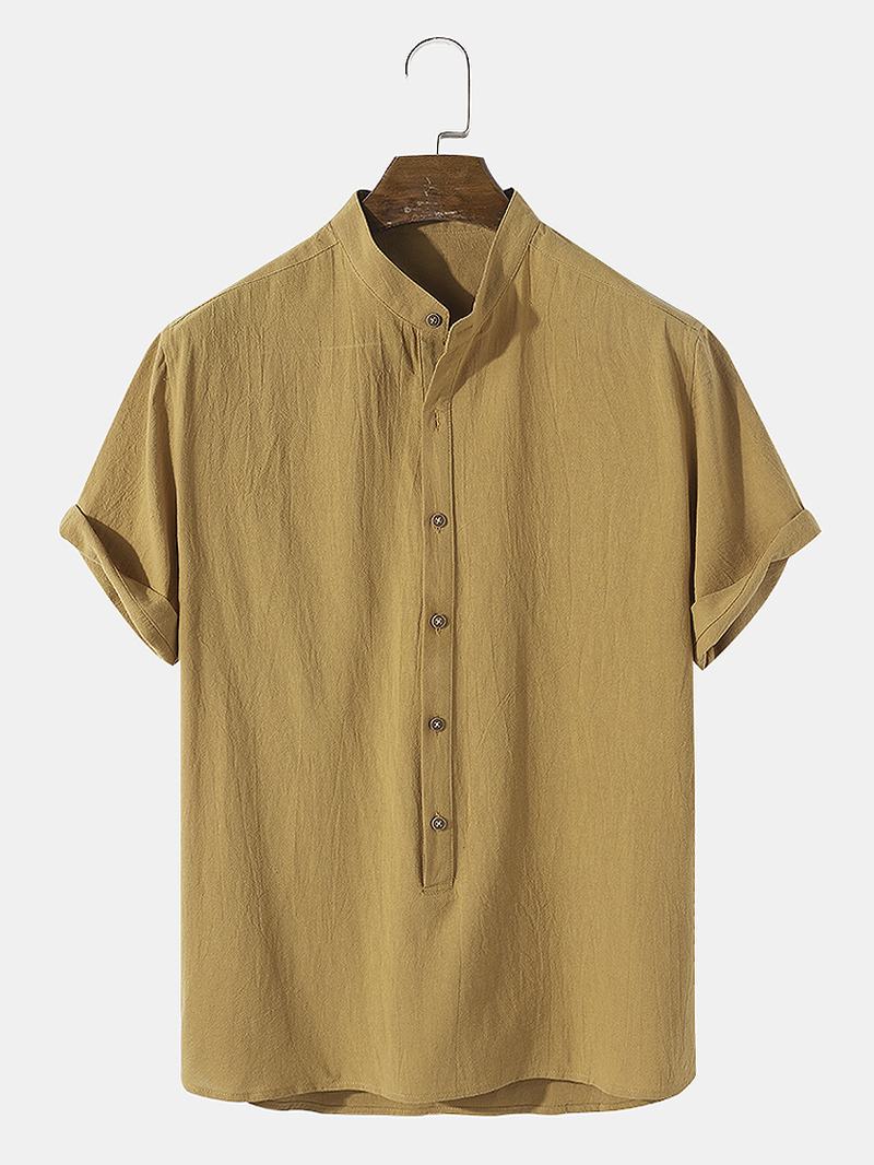 Męska Zwykła Koszula W Stylu Basic Solidna 100% Bawełniana Koszula Henley Z Krótkim Rękawem