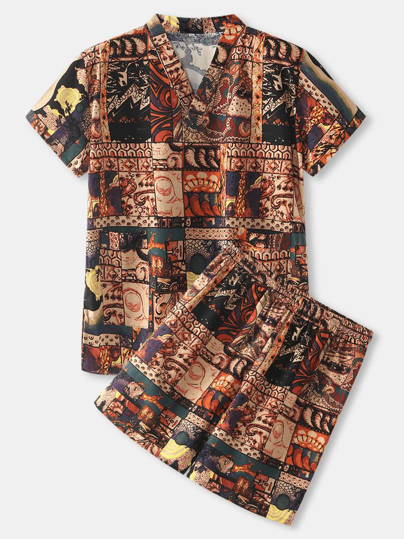 Męski Abstrakcyjny Drukowanie Z Dekoltem W Szpic Z Krótkim Rękawem Top Home Piżama Sauna Dresy