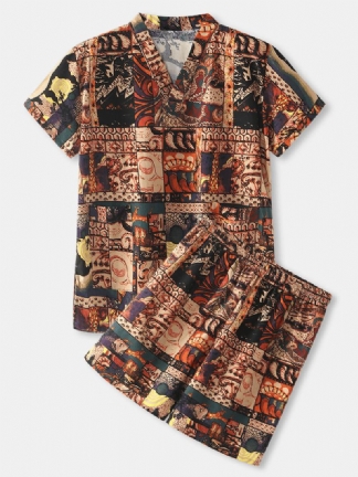 Męski Abstrakcyjny Drukowanie Z Dekoltem W Szpic Z Krótkim Rękawem Top Home Piżama Sauna Dresy