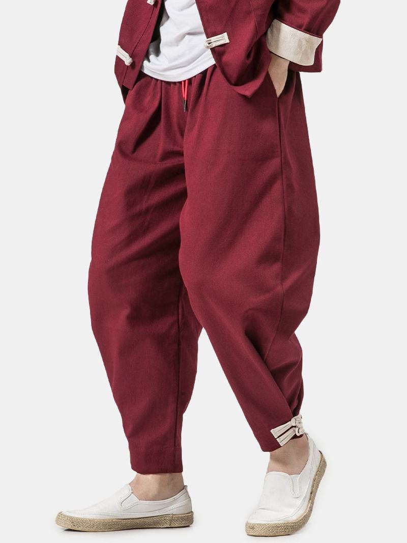 Męski Chiński Styl Nowy Luźny Harem Bawełniany Casual Moda Feet Solid Color National Wind Linen Pants