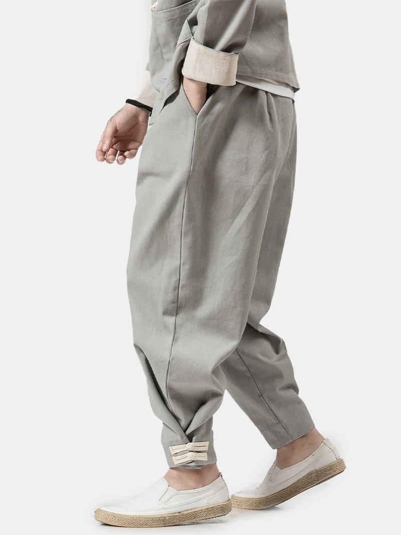 Męski Chiński Styl Nowy Luźny Harem Bawełniany Casual Moda Feet Solid Color National Wind Linen Pants
