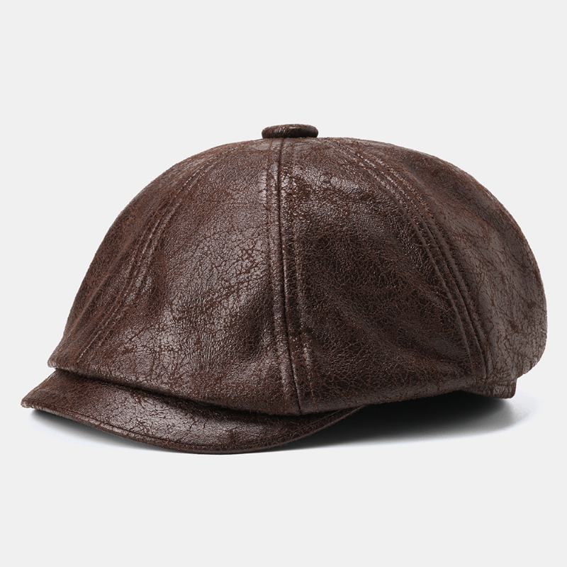 Męski CZapka Gazecierz Pęknięty Pu Skórzany Retro Beret CZapki