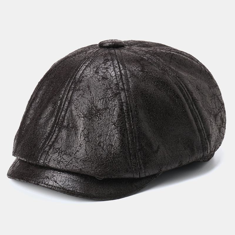 Męski CZapka Gazecierz Pęknięty Pu Skórzany Retro Beret CZapki