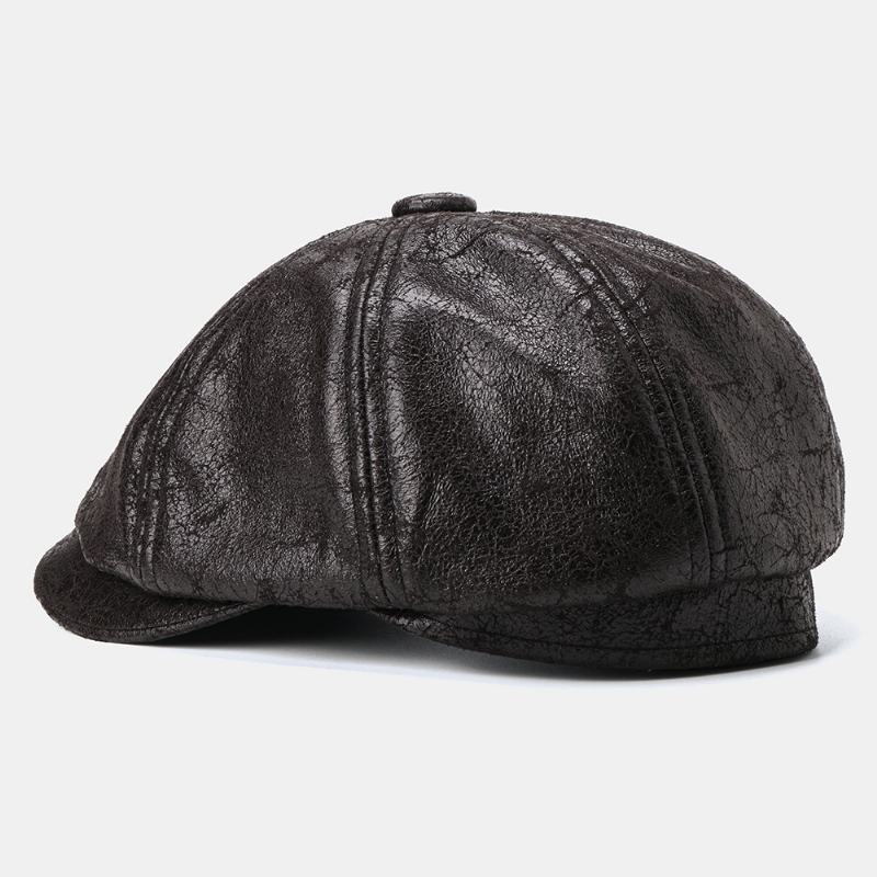 Męski CZapka Gazecierz Pęknięty Pu Skórzany Retro Beret CZapki