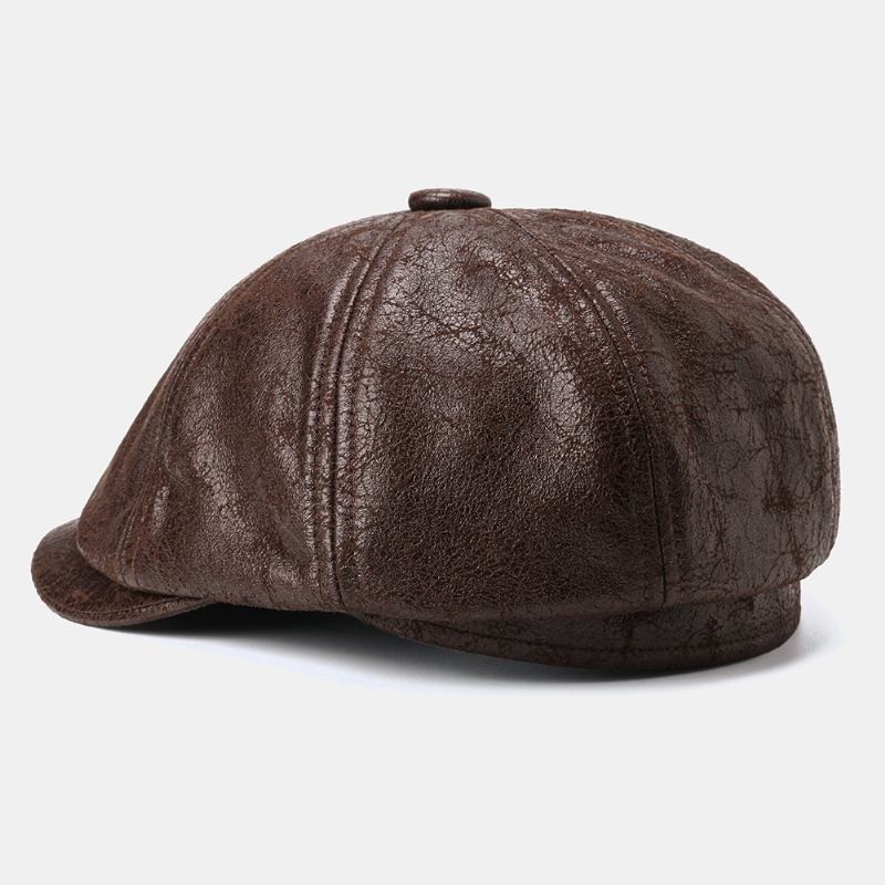 Męski CZapka Gazecierz Pęknięty Pu Skórzany Retro Beret CZapki