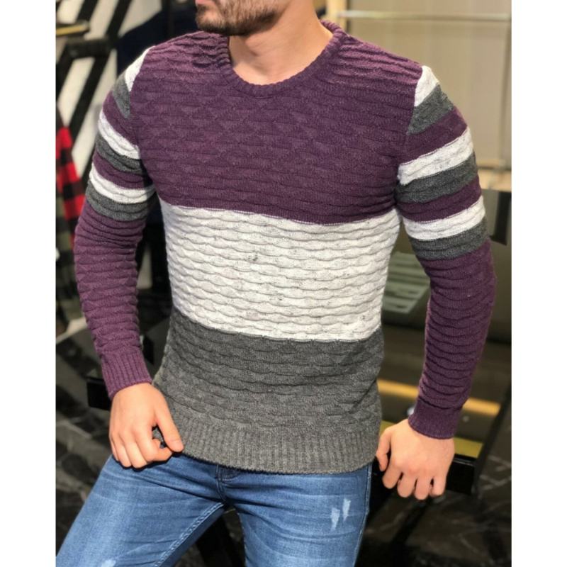 Męski Dopasowany Kolorystycznie Sweter W Paski W Paski