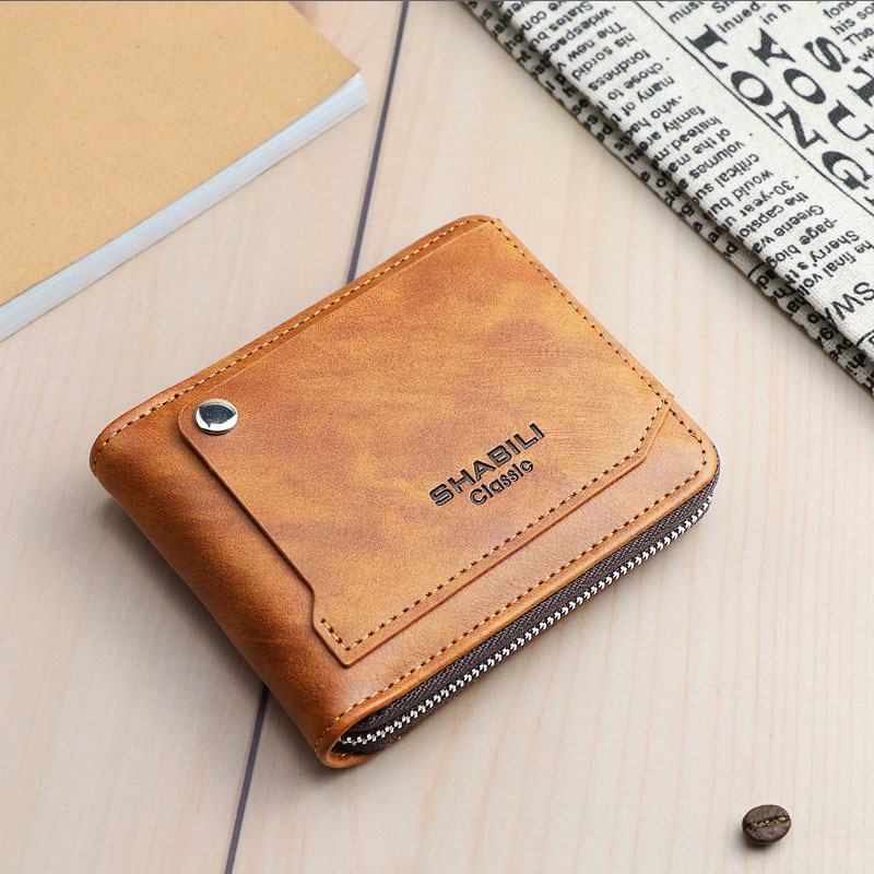 Męski Faux Leather Retro Klasyczny Draw Slot Bifold Zipepr Card Holder Portfel