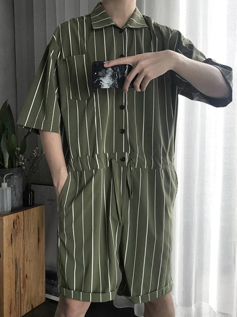 Męski Kombinezon W Paski W Stylu Vintage Z Krótkim Rękawem Onesie Moda