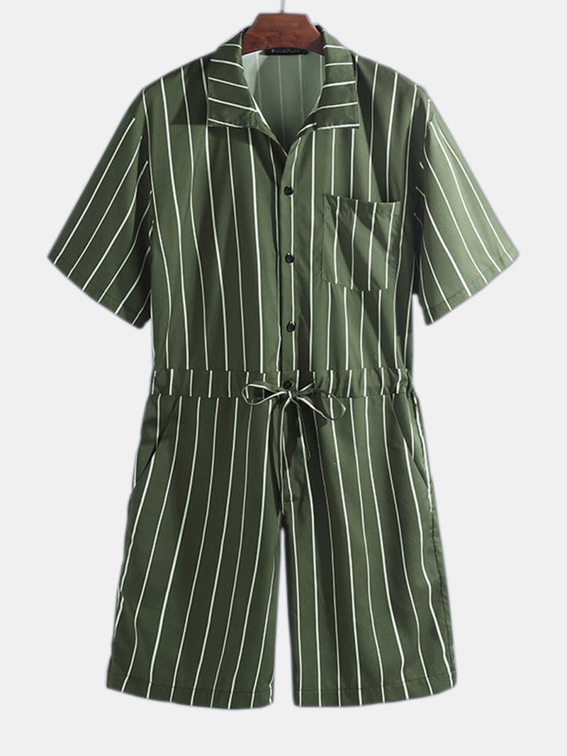 Męski Kombinezon W Paski W Stylu Vintage Z Krótkim Rękawem Onesie Moda