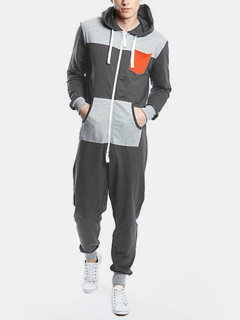 Męski Kombinezon Z Kolorowym Blokiem I Zamkiem Błyskawicznym Z Kapturem Home Casual Sleepwear Onesies