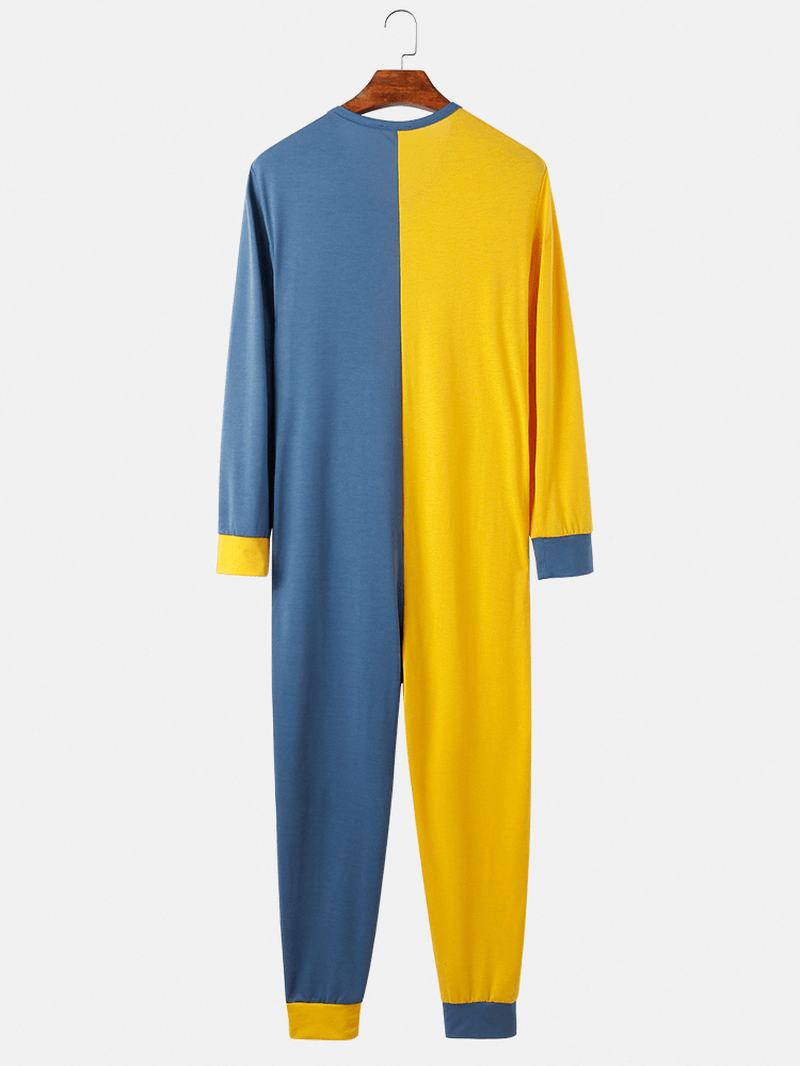 Męski Kontrastowy Kolor Patchwork Zapinany Na Okrągły Dekolt Kombinezon Home Lounge Jednoczęściowa Piżama
